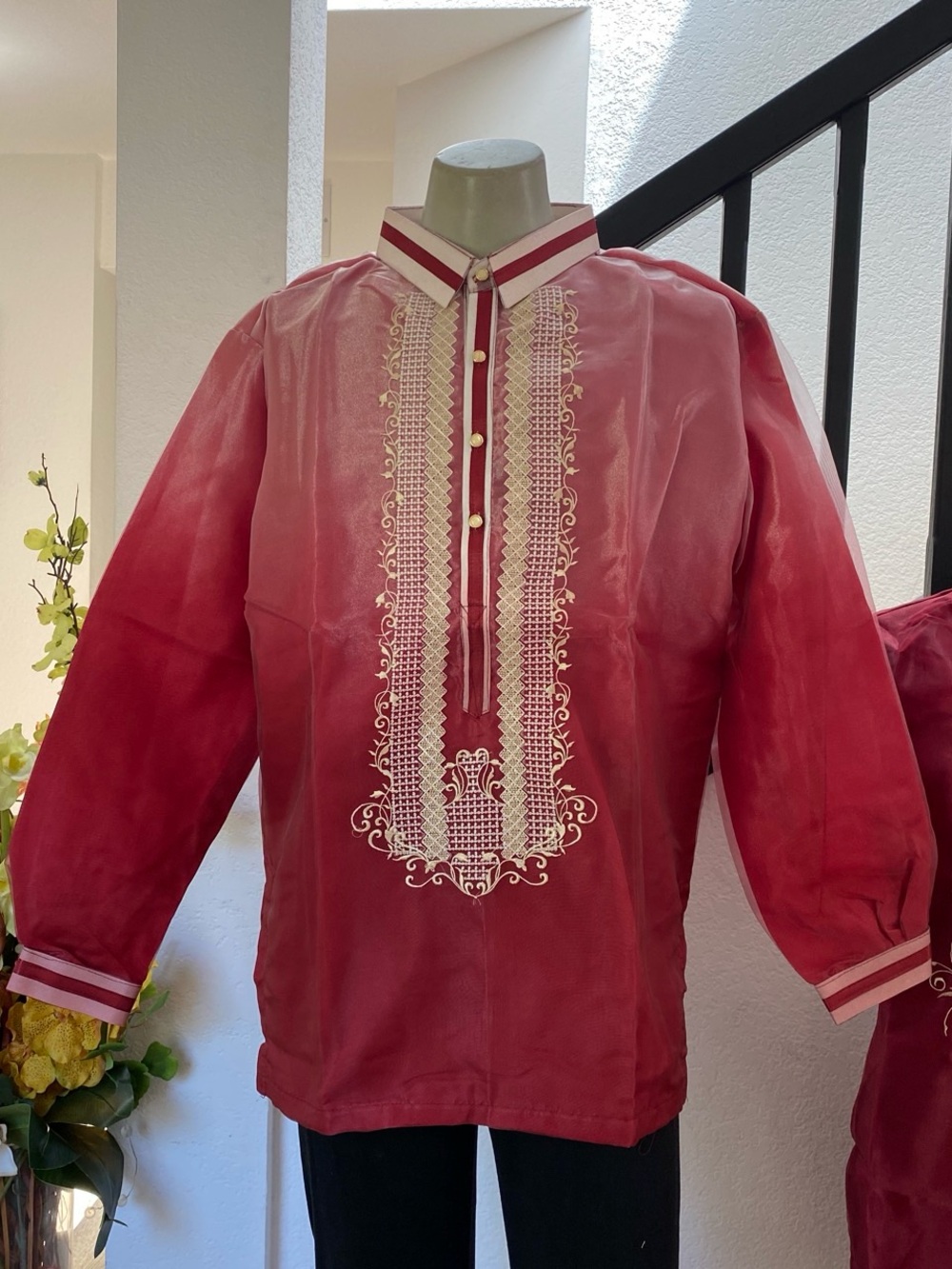 Filipino Formal Barong Tagalog Maroon with Geometric Design